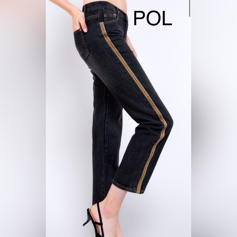 BPB13-1🖤💛POL perfect Black Jeans with Gold+multi- accent on side of legs.